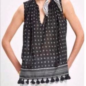 Madewell Black with White Block Pattern Tassel Sleeveless Blouse